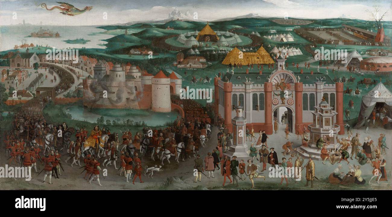 ÉCOLE BRITANNIQUE, XVIE SIÈCLE le champ de la toile d’Or vers 1545 - la rencontre entre Henri VIII et François Ier, connue sous le nom de champ de la toile d’Or, a eu lieu entre le 7 et le 24 juin 1520 dans une vallée appelée par la suite Val d’Or, près de Guisnes au sud de Calais. Banque D'Images ÉCOLE BRITANNIQUE, XVIE SIÈCLE le champ de la toile d’Or vers 1545 - la rencontre entre Henri VIII et François Ier, connue sous le nom de champ de la toile d’Or, a eu lieu entre le 7 et le 24 juin 1520 dans une vallée appelée par la suite Val d’Or, près de Guisnes au sud de Calais. Banque D'Images