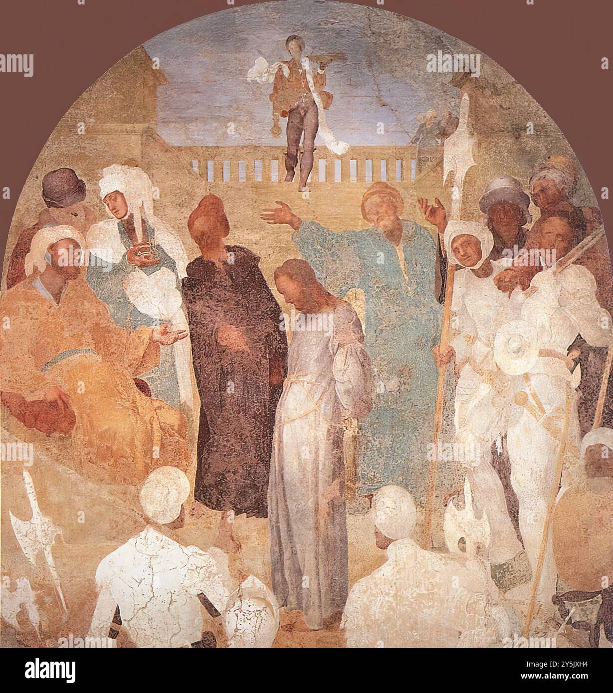Pontormo, Jacopo (né en 1494, Pontormo, décédé en 1557, Florence) Christ avant Pilate 1523-25 fresque, 300 x 290 cm Certosa, Galuzzo Pontormo a produit un cycle de fresques d'une force religieuse immense pour le cloître de la Certosa à Galuzzo, juste à l'extérieur de Florence. En raison de leur exposition aux éléments, ils ont survécu en mauvais état qui, curieusement, renforce leur attrait mystérieux. S'appuyant en partie sur des estampes allemandes, y compris celles d'Albrecht Dürer, pour certaines suggestions de composition, Pontormo opère dans des systèmes spatiaux et proportionnels complexes. La figure centrale du Christ, représentée Banque D'Images Pontormo, Jacopo (né en 1494, Pontormo, décédé en 1557, Florence) Christ avant Pilate 1523-25 fresque, 300 x 290 cm Certosa, Galuzzo Pontormo a produit un cycle de fresques d'une force religieuse immense pour le cloître de la Certosa à Galuzzo, juste à l'extérieur de Florence. En raison de leur exposition aux éléments, ils ont survécu en mauvais état qui, curieusement, renforce leur attrait mystérieux. S'appuyant en partie sur des estampes allemandes, y compris celles d'Albrecht Dürer, pour certaines suggestions de composition, Pontormo opère dans des systèmes spatiaux et proportionnels complexes. La figure centrale du Christ, représentée Banque D'Images