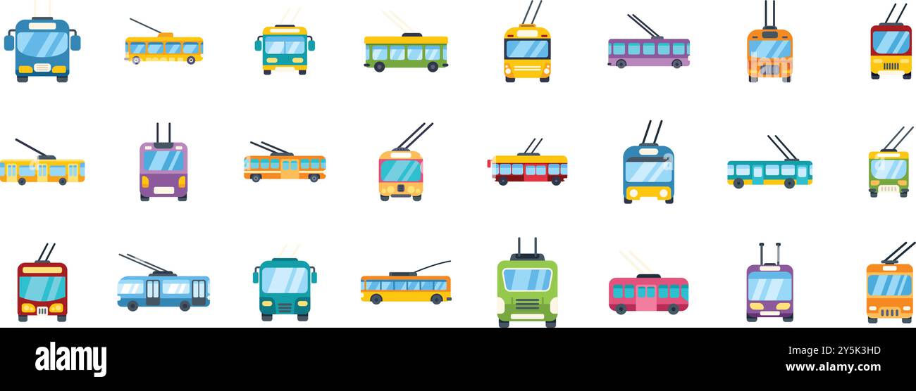 Cet ensemble d'icônes de trolleybus est parfait pour les projets liés aux transports publics, à la mobilité urbaine, ou tout design nécessitant une touche de transport coloré Illustration de Vecteur