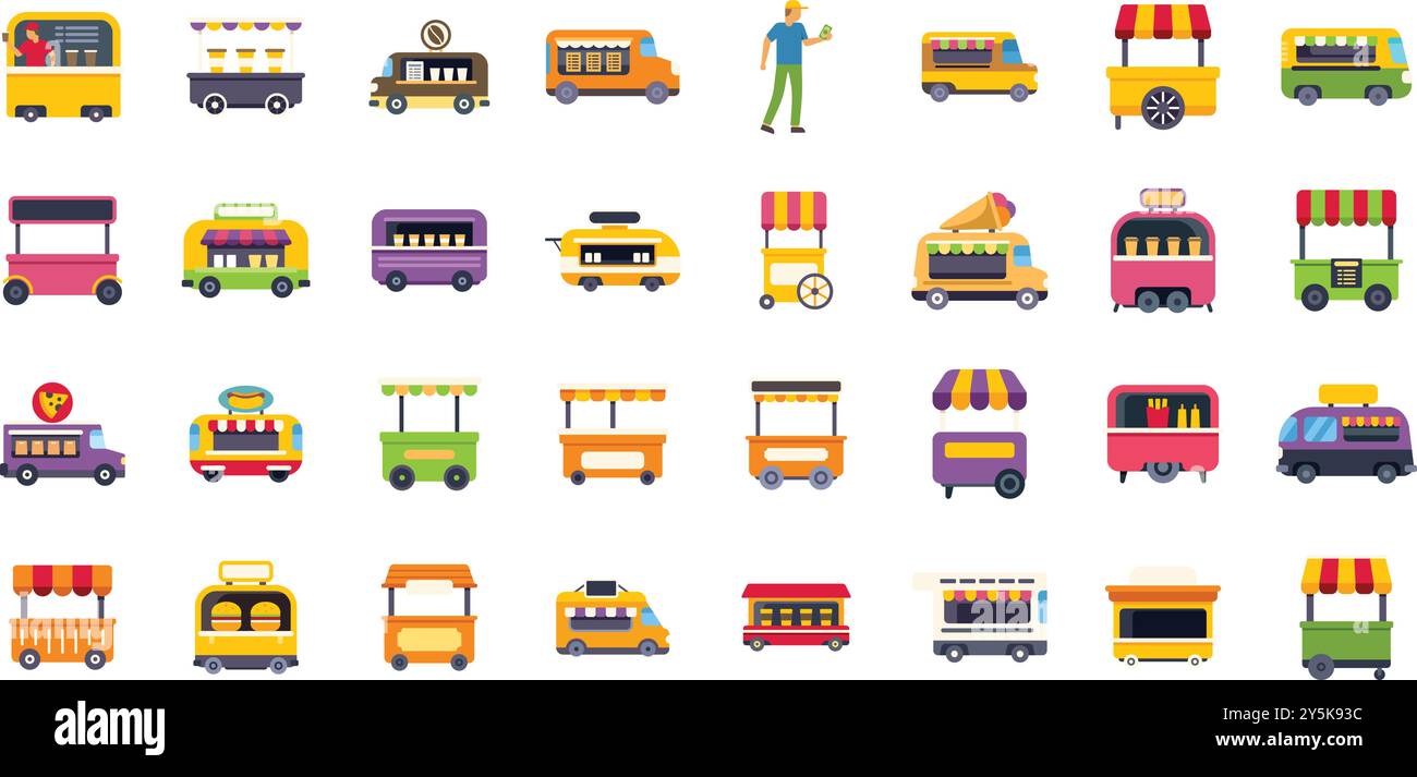 Cette collection dynamique d'icônes représente une variété de food trucks et de chariots de nourriture de rue, capturant l'essence des expériences culinaires mobiles Illustration de Vecteur
