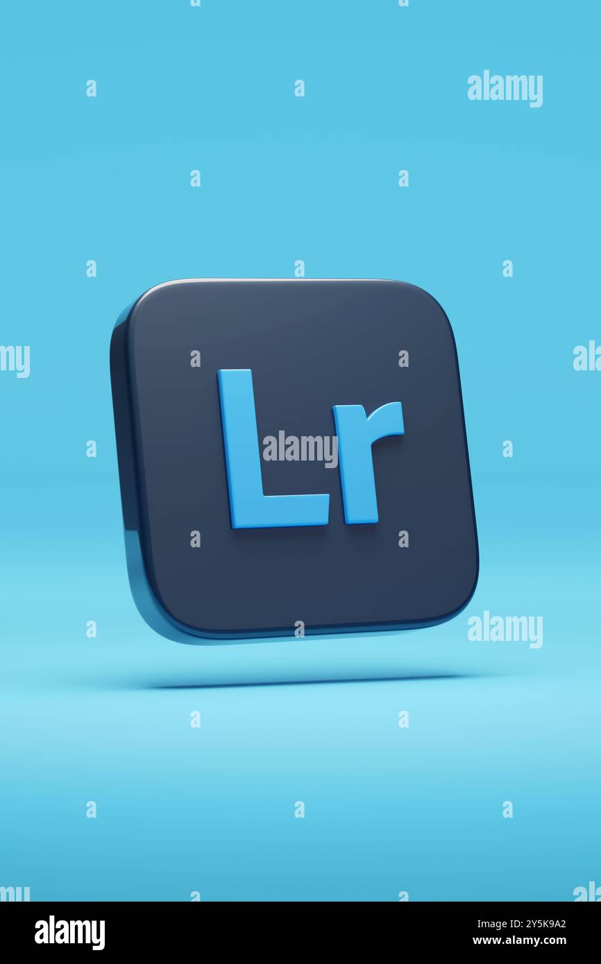 Buenos Aires, Argentine - 31 août 2024 : logo en trois dimensions Adobe Lightroom isolé sur fond bleu. illustration 3d. Banque D'Images