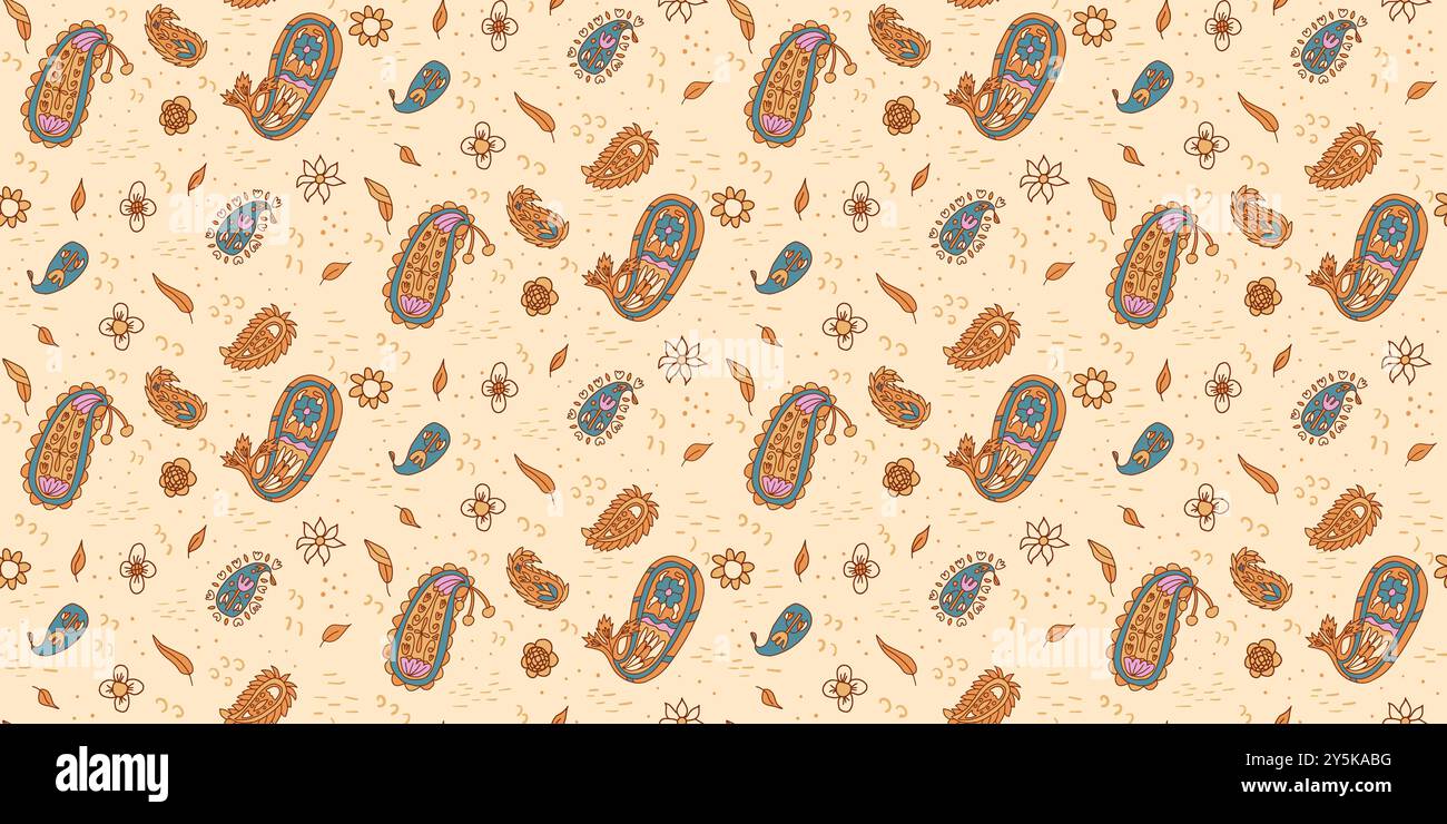 Motif sans couture cachemire moderne. Décor sans fin sur fond beige. Illustration plate dessinée à la main de vecteur. Illustration de Vecteur