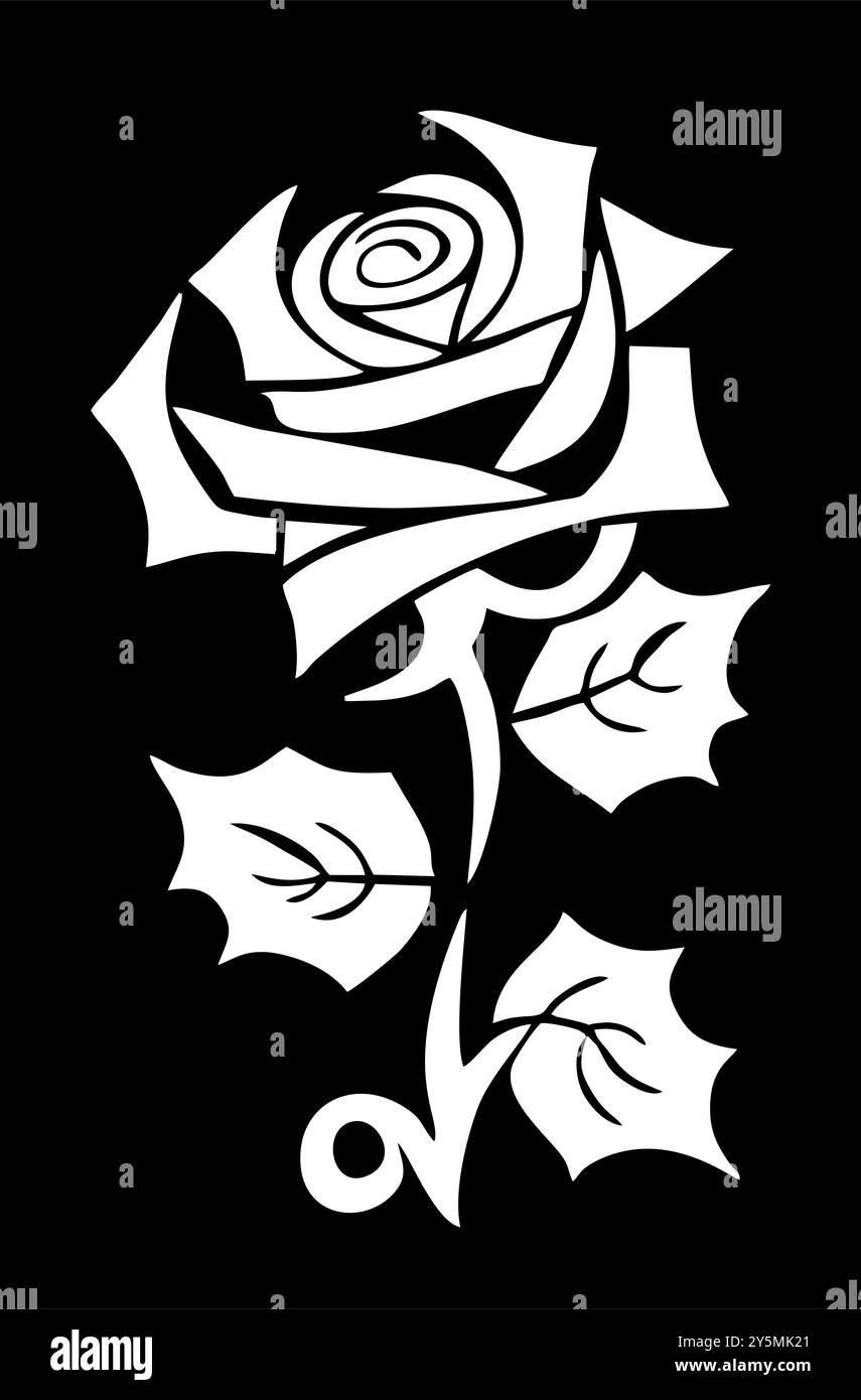 dessin graphique blanc d'une fleur de rose avec des feuilles sur un fond noir, logo Banque D'Images