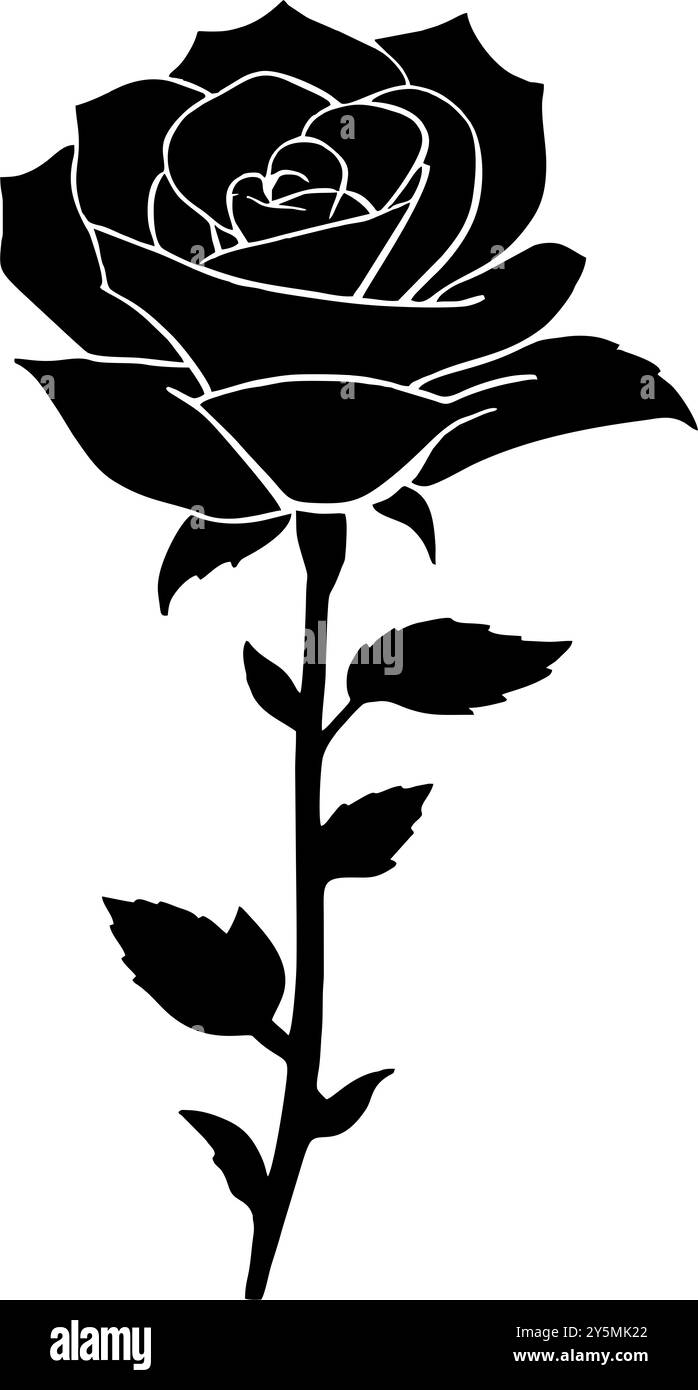 dessin graphique noir d'une fleur de rose avec des feuilles, monochrome, élément décoratif Banque D'Images