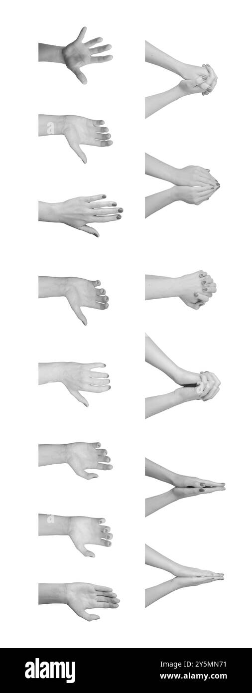 Mains signes, gestes de saisie, de maintien, ensemble isolé sur fond blanc. Banque D'Images