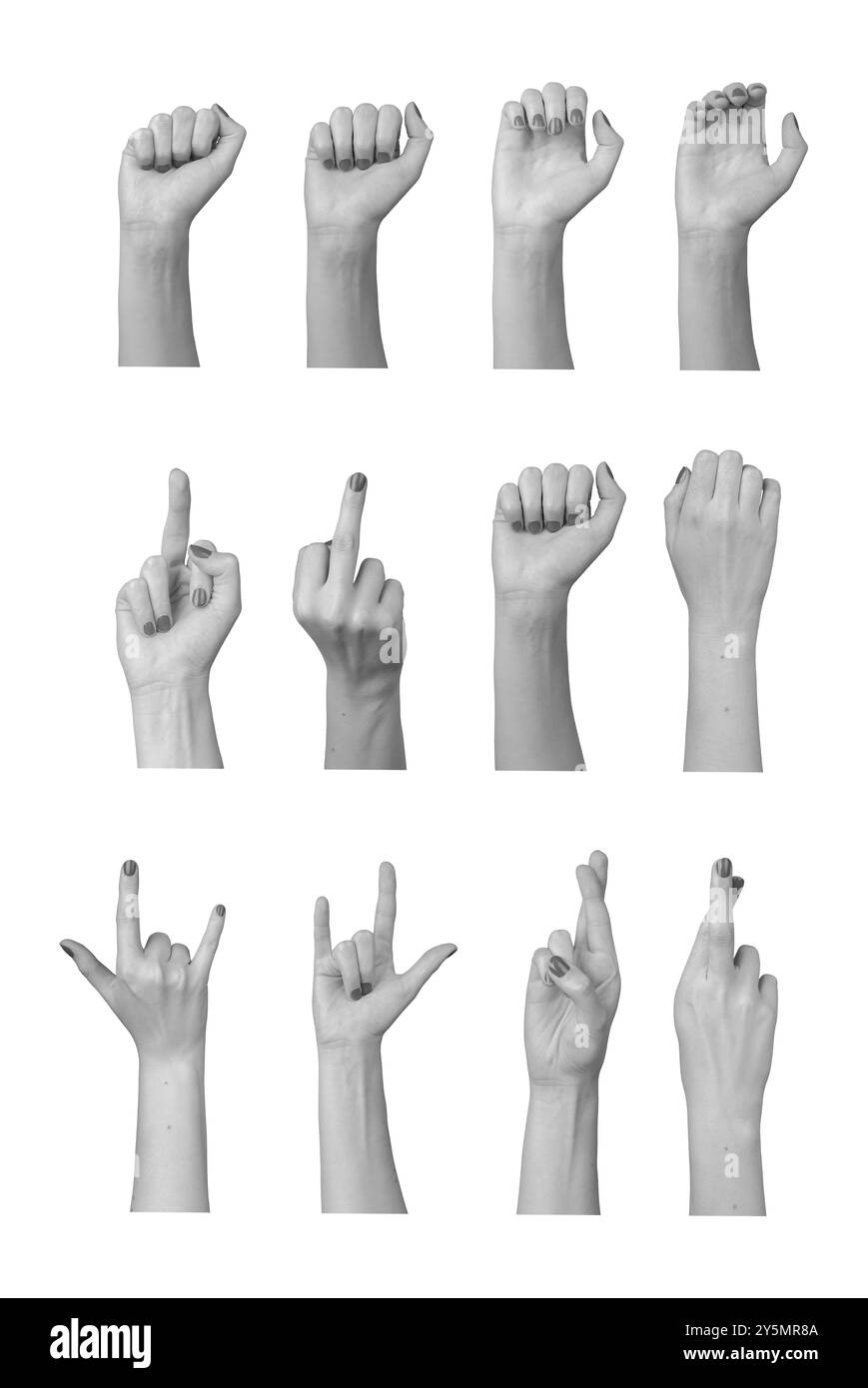 Gestes de la main, signes de doigt, isolé sur fond blanc, set. Banque D'Images