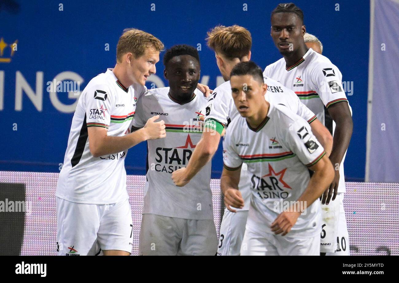 Leuven, Belgique. 22 septembre 2024. Youssef Maziz de l'OHL célèbre après avoir marqué lors d'un match de football entre OH Louvain et KV Kortrijk, dimanche 22 septembre 2024 à Louvain, le jour 8 de la saison 2024-2025 de la première division du championnat belge 'Jupiler Pro League'. BELGA PHOTO JOHN THYS crédit : Belga News Agency/Alamy Live News Banque D'Images