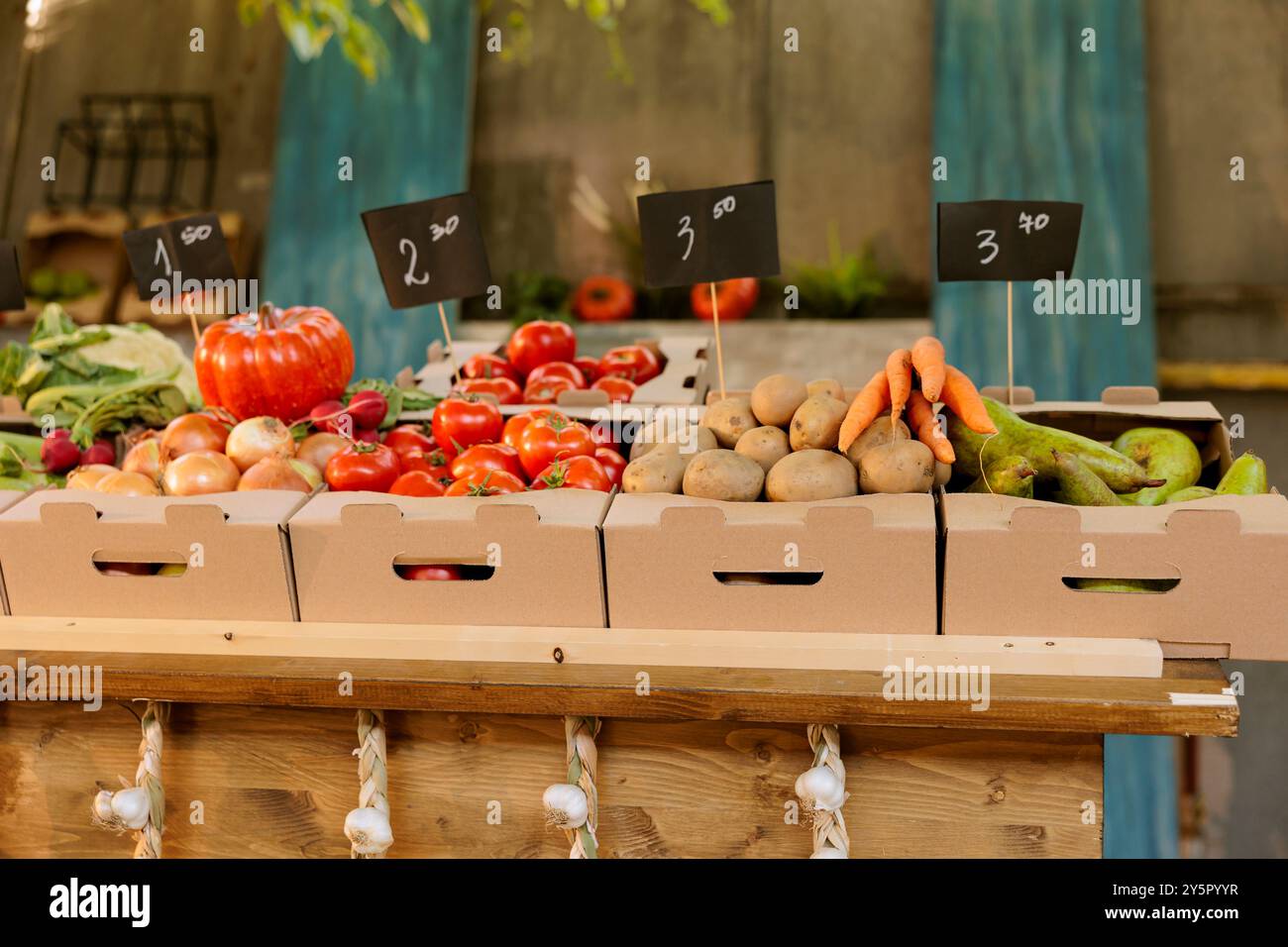 Produits biologiques écologiques naturels dans des boîtes en carton au kiosque de foire des récoltes agricoles. Divers fruits et légumes bio fraîchement récoltés sont exposés aux stands vides du marché des agriculteurs. Banque D'Images