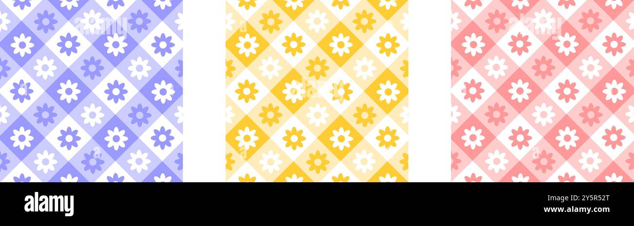 Ensemble d'échantillons de motif à carreaux avec des fleurs. Textures pour plaid de pique-nique de printemps ou d'été, nappe, serviette ou couverture. Arrière-plans en tissu avec imprimé Vichy mignon. Illustration vectorielle plate. Illustration de Vecteur