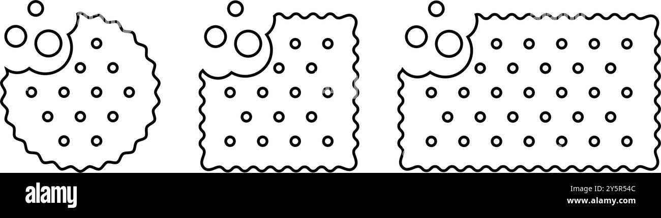 Ensemble d'icônes de crackers mordus avec des miettes. Biscuits sucrés ou salés de forme ronde, carrée et rectangulaire. Collations croquantes populaires isolées sur fond blanc. Illustration vectorielle. Illustration de Vecteur