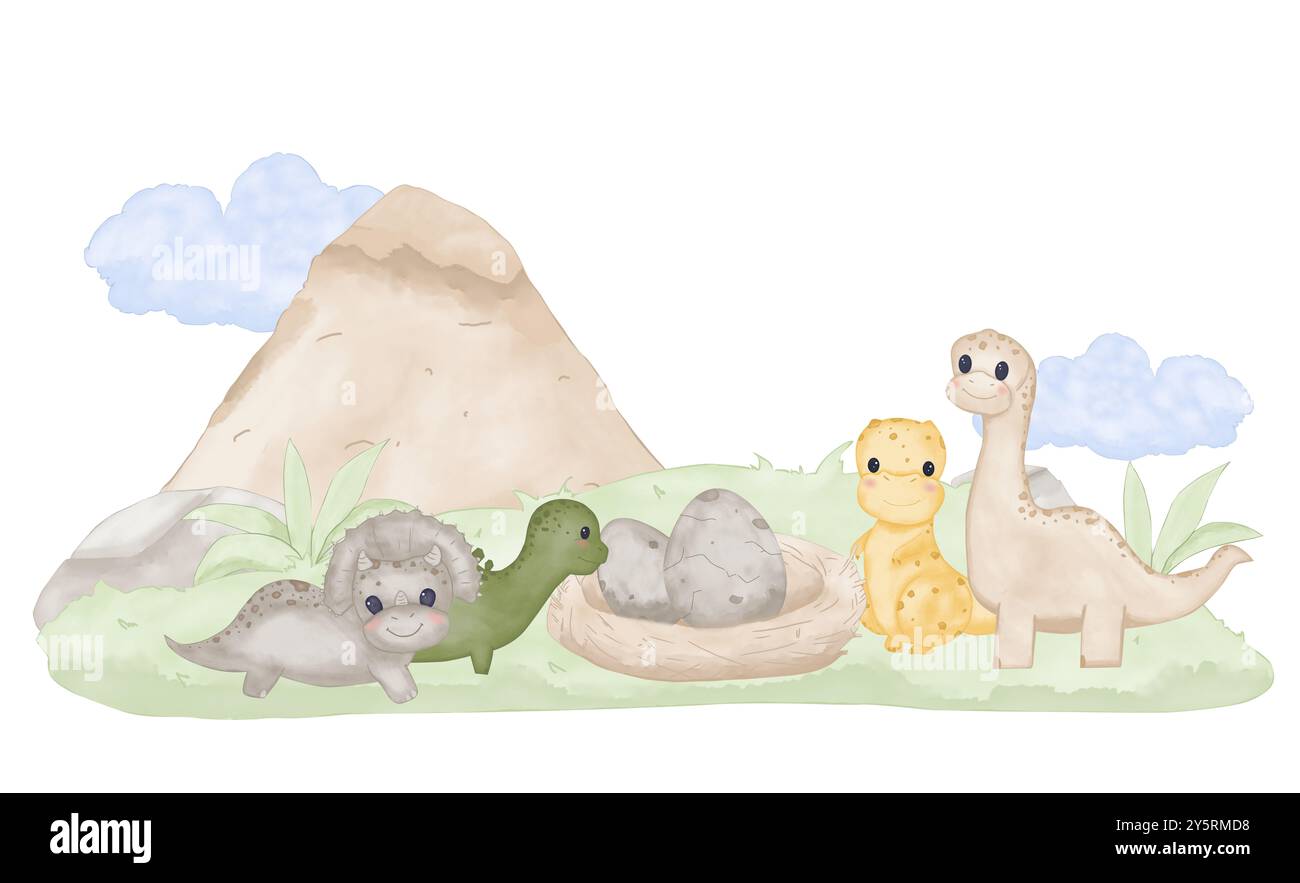 Paysage avec de petits dinosaures. Champ avec une montagne avec un nid avec des œufs. Composition d'aquarelle pour enfants. Illustration numérique. Banque D'Images