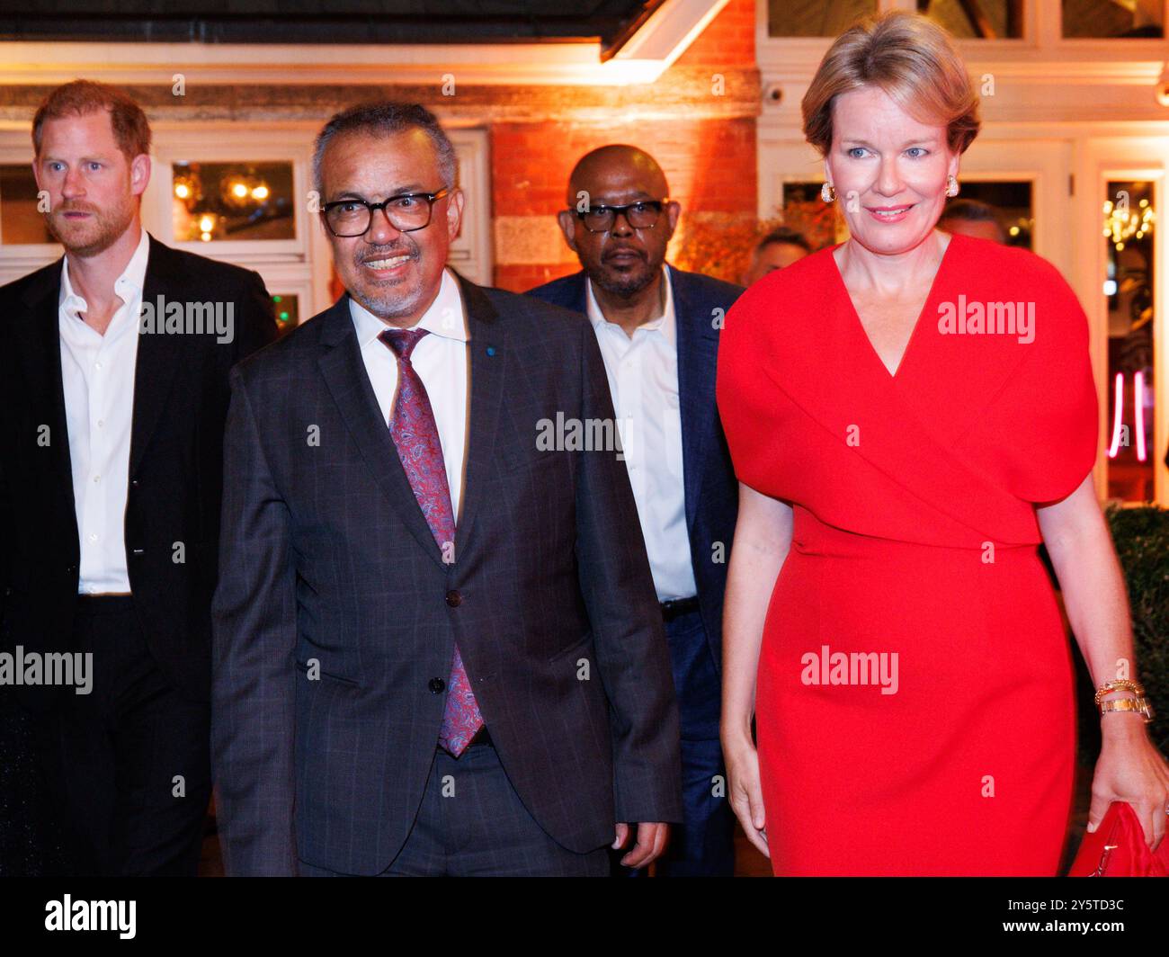 New York, États-Unis. 23 septembre 2024. Prince Harry, Duc de Sussex, Directeur général de l'OMS, Dr Tedros Adhanom Ghebreyesus, acteur Forest Whitaker et Reine Mathilde de Belgique photographiés lors d'un dîner de haut niveau sur "la violence contre les enfants et son impact sur la santé mentale" organisé par L'OMS à New York, Etats-Unis d'Amérique, dimanche 22 septembre 2024. BELGA PHOTO BENOIT DOPPAGNE crédit : Belga News Agency/Alamy Live News Banque D'Images