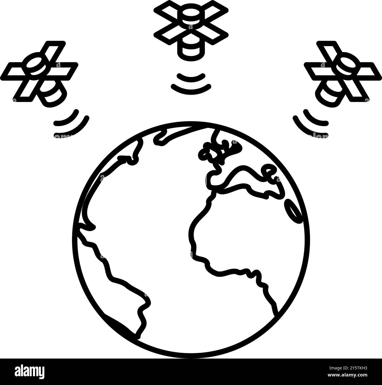 Simple dessin au trait en noir et blanc des ondes radio d'un satellite tombant sur terre, illustration isométrique, illustration vectorielle Illustration de Vecteur