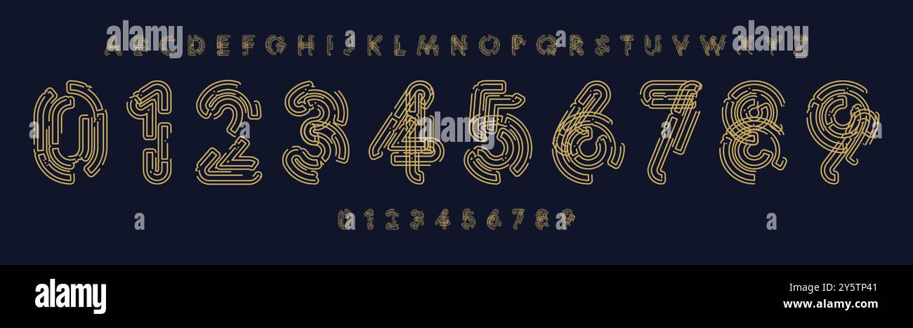 Typographie de circuit Tech, chiffres et lettres numériques complexes, police futuriste pour la marque électronique, projets innovants, visuels tech, sports Illustration de Vecteur