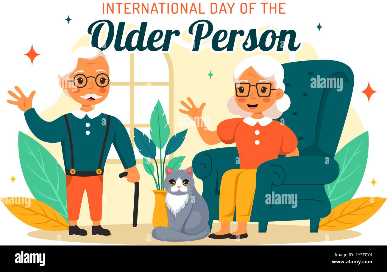 Journée internationale des personnes âgées illustration vectorielle mettant en vedette un homme et une femme âgés célébrant dans un fond de dessin animé de style plat Illustration de Vecteur