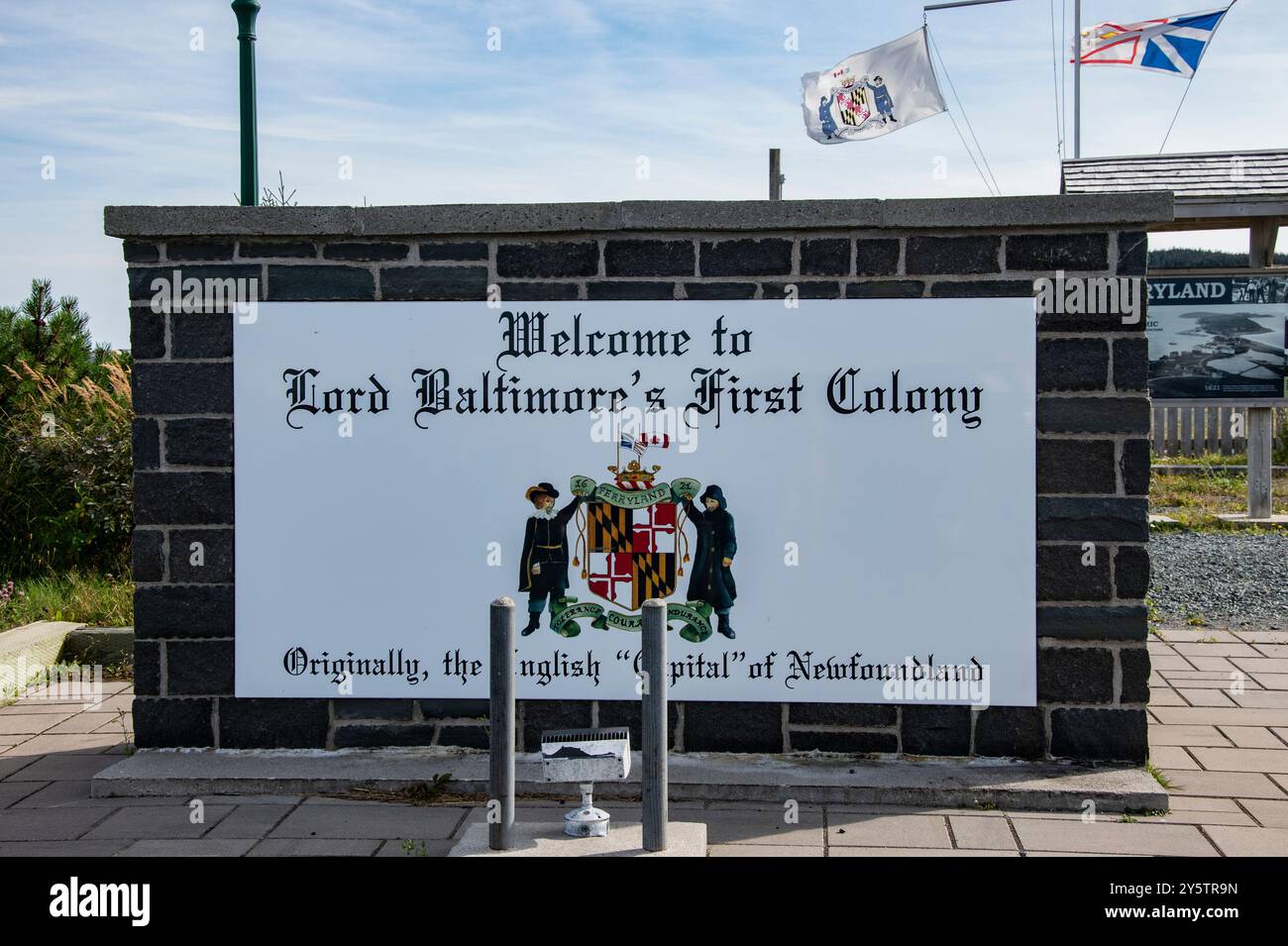 Bienvenue à la première enseigne de Lord Baltimore à Ferryland, Terre-Neuve-et-Labrador, Canada Banque D'Images