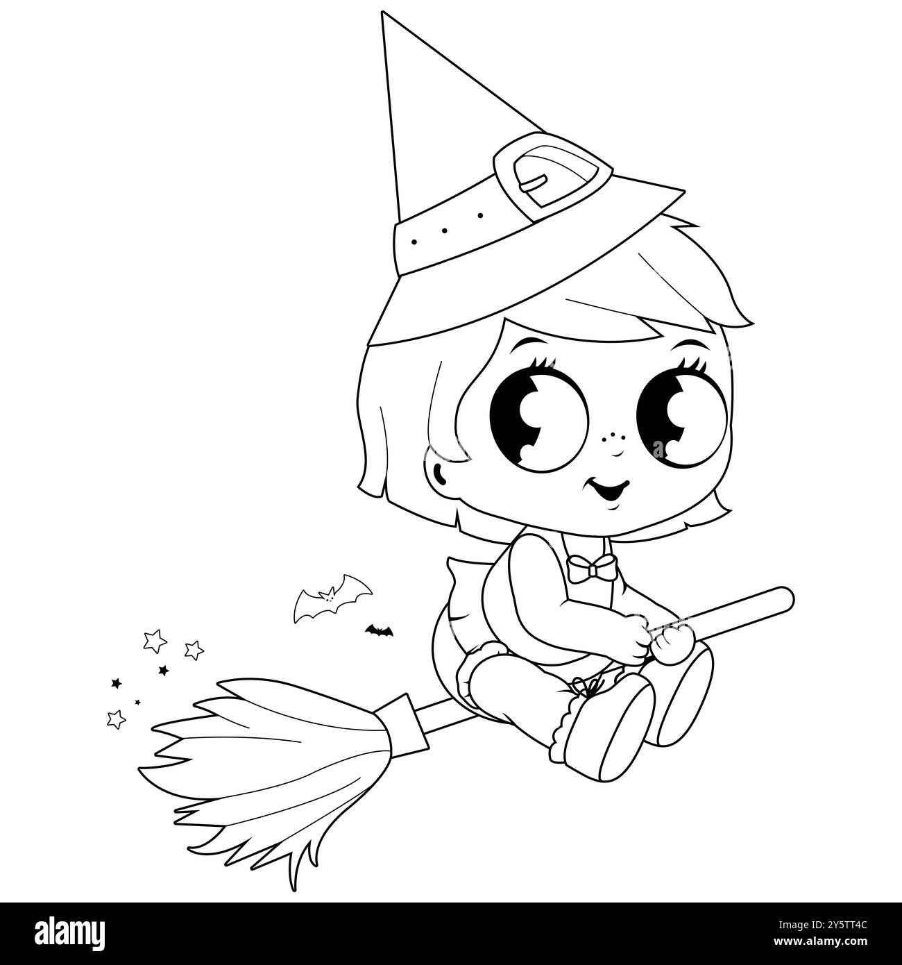 Mignonne sorcière d'Halloween volant avec un balai magique. Dessin animé trick ou traiter l'enfant avec un costume effrayant mignon. Coloriage noir et blanc. Banque D'Images