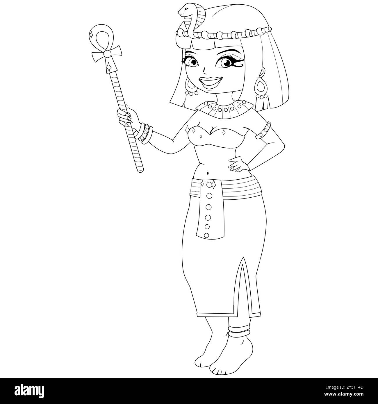 Cléopâtre de l'Egypte ancienne. Dessin animé reine égyptienne, femme en costume de Cléopâtre. Coloriage noir et blanc. Banque D'Images