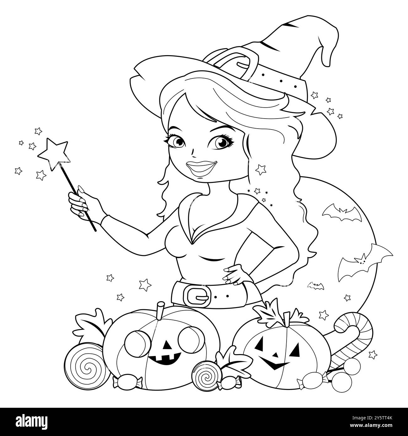 Sorcière d'Halloween, citrouilles et friandises. Trick ou traiter la sorcière de dessin animé avec des bonbons et des citrouilles sculptées jack o lanterne. Coloriage noir et blanc. Banque D'Images