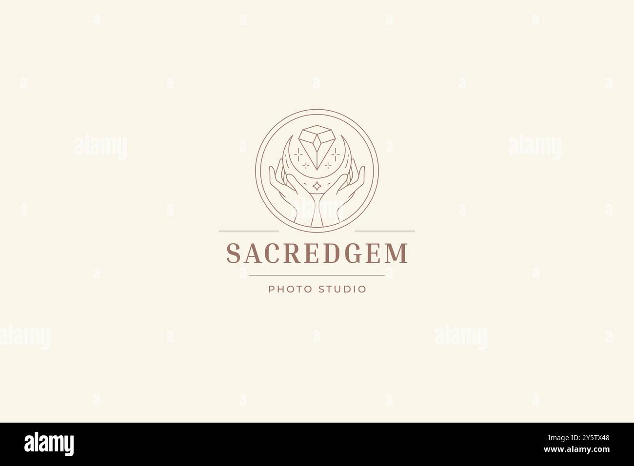 Mains sacrées avec croissant et gemme Crystal line art logo design illustration vectorielle. Mythologie magique bijoux ésotériques logotype linéaire pour cos Illustration de Vecteur