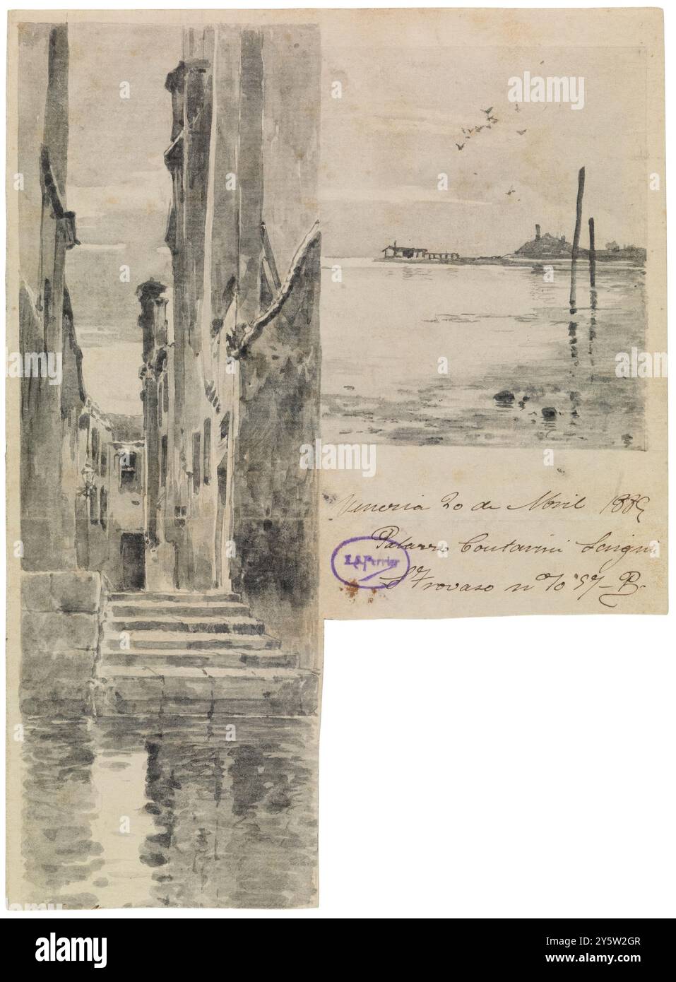 Emilio Sánchez Perrier (dessinateur) / 'titre d'une lettre : une rue à Venise et vue sur les environs de la lagune'. 1885. Lavage, encre grise sur papier pondu. Musée : Museo del Prado, Madrid, España. Banque D'Images
