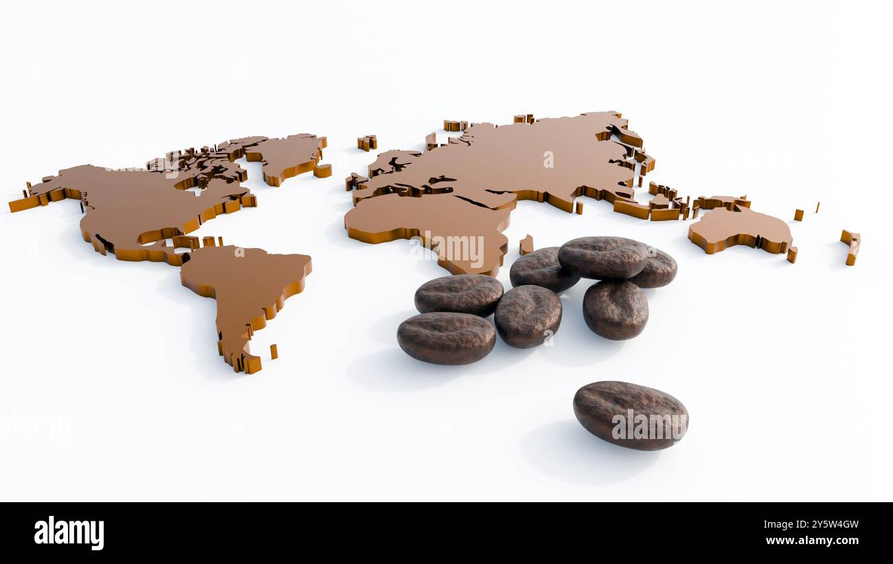 rendu 3d d'une carte du monde en or, entourée de grains de café éparpillés sur un fond noir. Banque D'Images