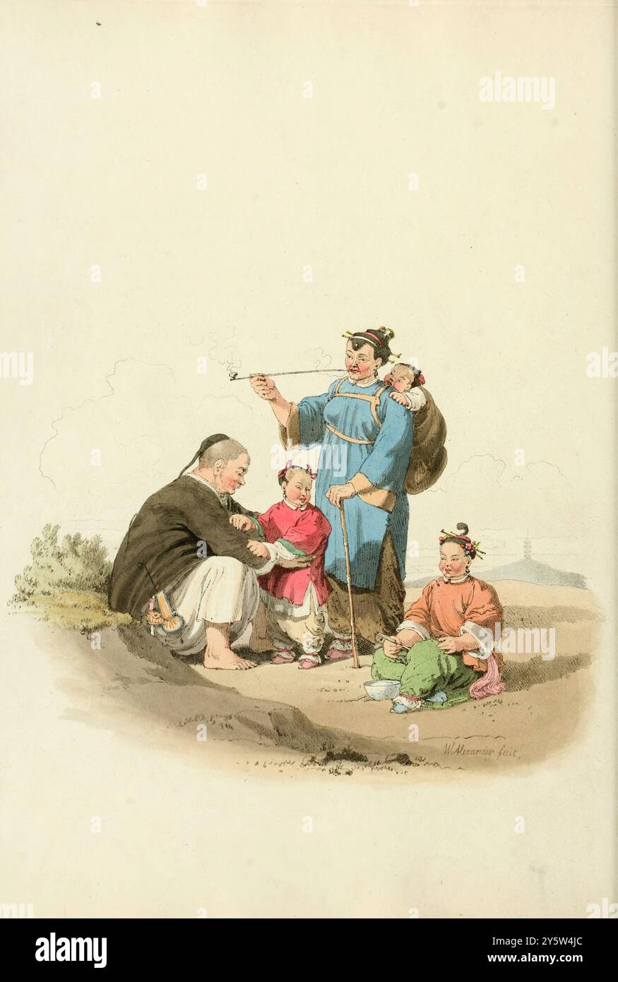 Costume chinois traditionnel de la période Qing. Illustration vintage de peasnat chinois, avec sa femme et sa famille. 1805 Banque D'Images