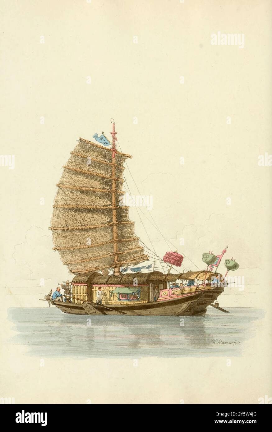 Chine de la période Qing. Illustration vintage de la barge itinérante chinoise de Van-ta-zhin. 1805 comme les voyages en Chine sont généralement effectués sur l'eau, un nombre prodigieux de yachts ou de barges de diverses formes sont employés, aussi bien à cette fin que pour le transport de marchandises. L'appartement central, qui a un auvent au-dessus des fenêtres, est occupé par le propriétaire ; la partie avant du navire par ses serviteurs, et la partie arrière ou arrière est utilisée à des fins culinaires, et des places de couchage pour les bateliers. Les barges de ce genre ont une grande voile de nattes, étirée par bambo Banque D'Images