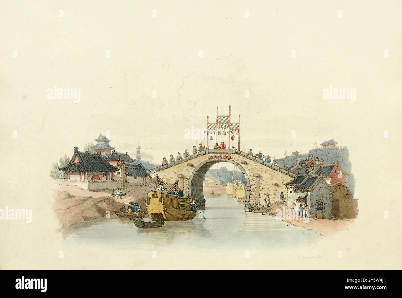 Chine de la période Qing. Illustration vintage d'un pont dans les environs de la ville de Suzhou. 1805 Banque D'Images