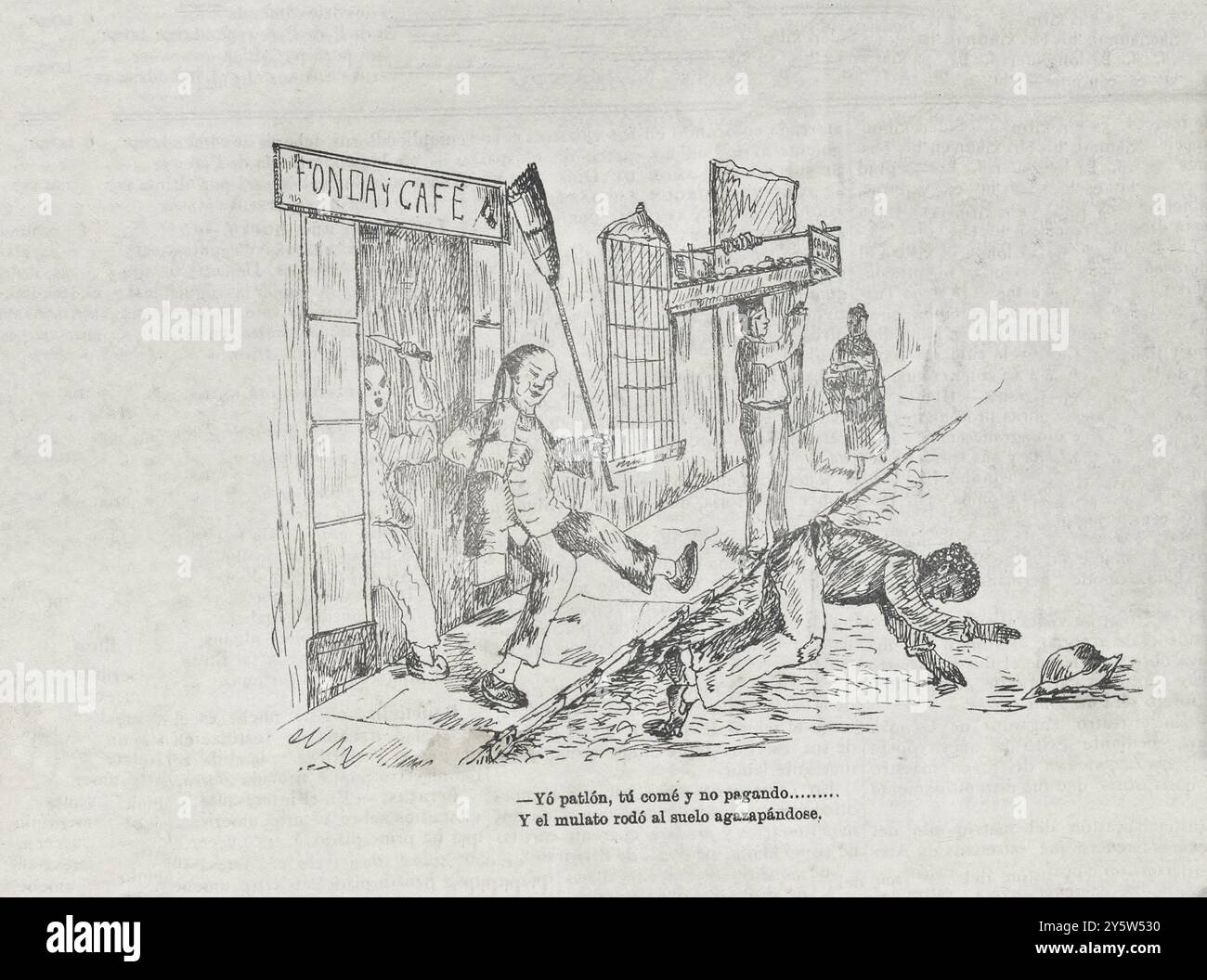 Caricature politique péruvienne vintage. Pérou. 1889 - je patlon, tu manges et ne payes pas... Et le mulâtre roulait sur le sol accroupi, Banque D'Images