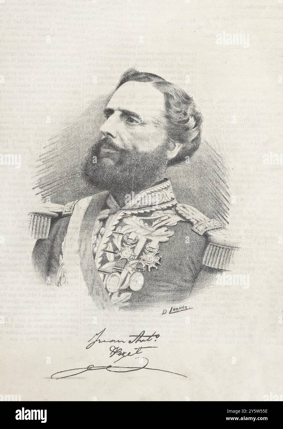 Général Juan Antonio Pezet. 1890 Juan Antonio Pezet y Rodríguez de la Piedra (1809-1879) est un officier militaire et homme politique péruvien qui a servi dans les postes de secrétaire à la Guerre, premier vice-président et 16e président du Pérou tout au long de sa vie. En tant que président, son attitude modérée et prudente à l'égard de l'occupation des îles Chincha par une flotte espagnole en 1864 a servi d'excuse pour lancer un soulèvement militaire qui l'a chassé du pouvoir. Banque D'Images