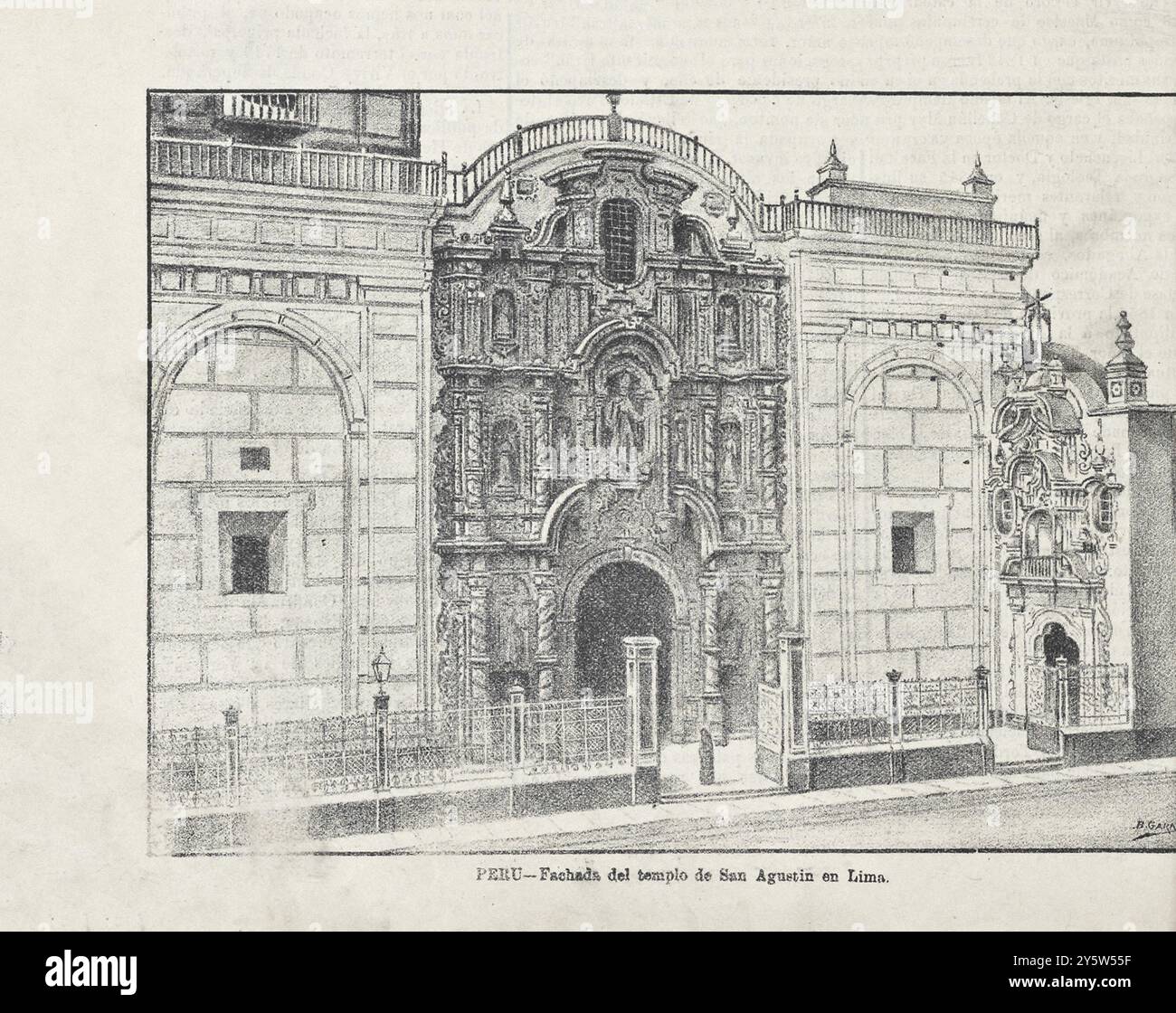 Illustration vintage de la façade de l'église d'Austin à Lima. Pérou. 1890 la basilique et couvent de San Agustín (espagnol : Basílica Menor y Convento de San Agustín) est un temple catholique situé à la jonction du quatrième bloc de Jirón Camaná (rue Lartiga) avec le deuxième bloc de Jirón ICA (rue San Agustin), à quelques blocs de la place principale de la ville de Lima, faisant partie de son centre historique. Depuis sa fondation, elle est dirigée par les frères augustins et appartient à la Province de notre Dame de grâce du Pérou. Une place du même nom est située de l'autre côté de la rue. Banque D'Images