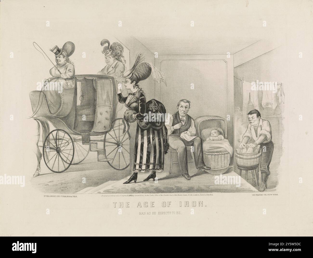 L'âge du fer. L'homme tel qu'il s'attend à être. 1869 impression montre un mari assis à côté d'un enfant dans un berceau, coudre, comme un serviteur masculin fait la lessive. Une femme bien habillée se prépare à monter dans une voiture conduite par une autre femme. Banque D'Images