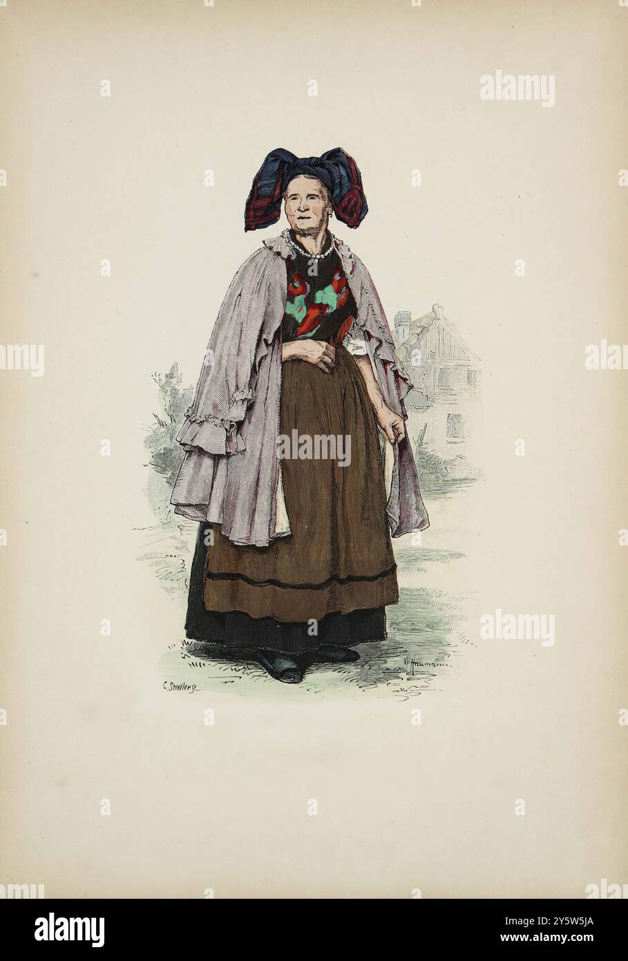 Illustration vintage de femme paysanne en vêtements de semaine de la région d'Ettersberg, Thuringe. Costumes historiques et folkloriques. Allemagne. 1881 Banque D'Images