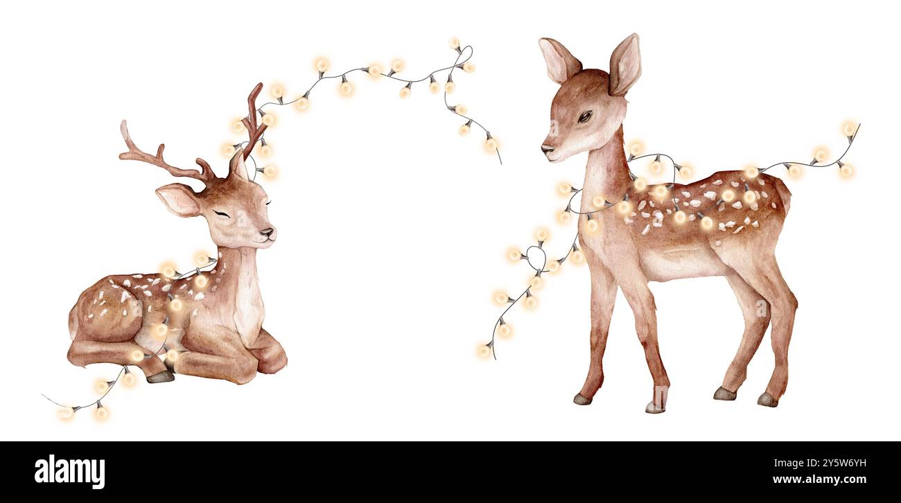 Ensemble de Noël aquarelle de cerf mignon et guirlande de bulbes chauds. Cerf tacheté isolé sur fond blanc. Modèle d'animal sauvage peint à la main Banque D'Images