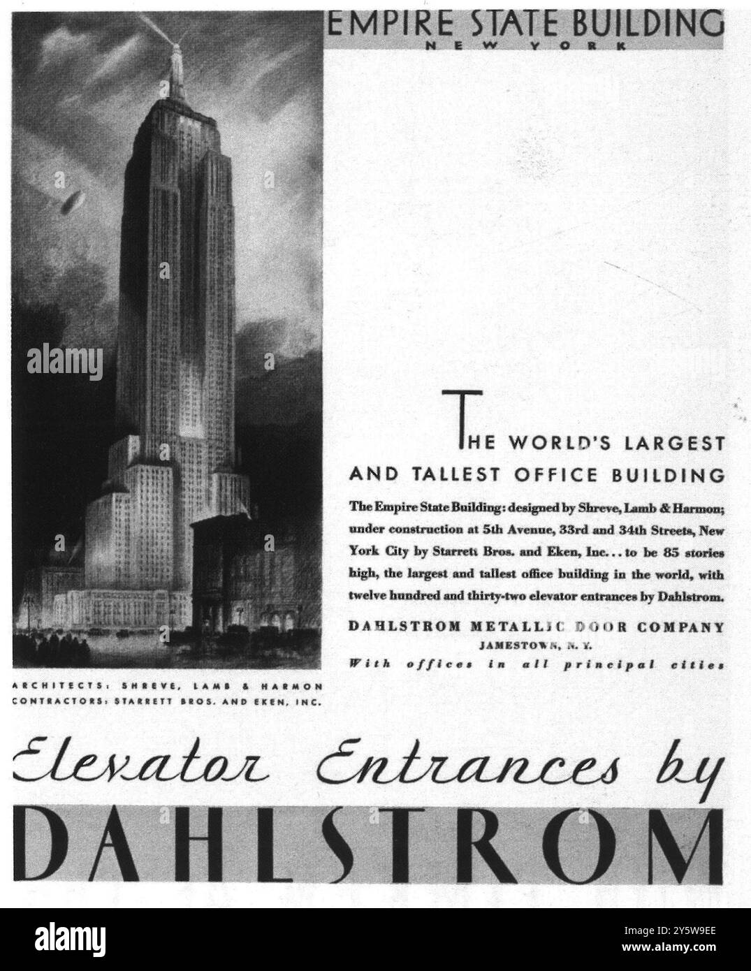 Annonce 1930 Empire State Building New York - entrées d'ascenseur près de Dahlstrom - « le plus grand et le plus haut immeuble de bureaux du monde » Banque D'Images