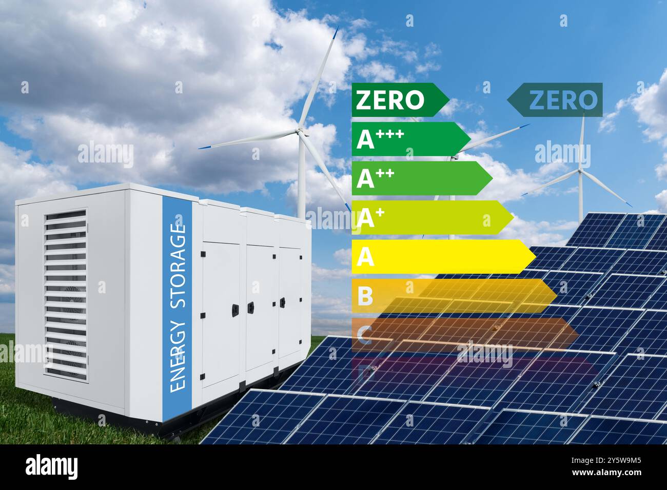 Panneau solaire et éoliennes avec stockage d'énergie.. Banque D'Images