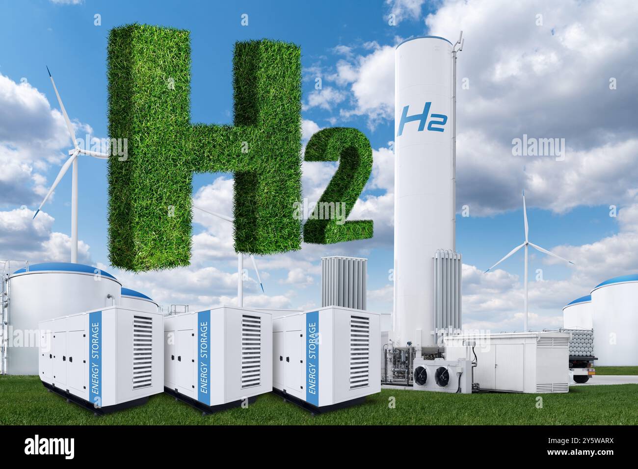Usine d'hydrogène avec concept de stockage d'énergie. Production d'hydrogène vert à partir de sources d'énergie renouvelables.. Banque D'Images
