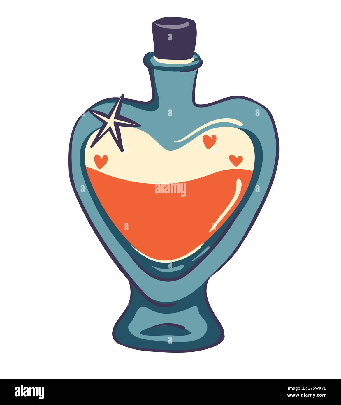 Elixir magique d'amour dans une bouteille en forme de coeur. Potion de sorcellerie pour évoquer des sentiments d'amour isolé sur blanc. Poison de sorcière sur fond blanc. Illustration de Vecteur