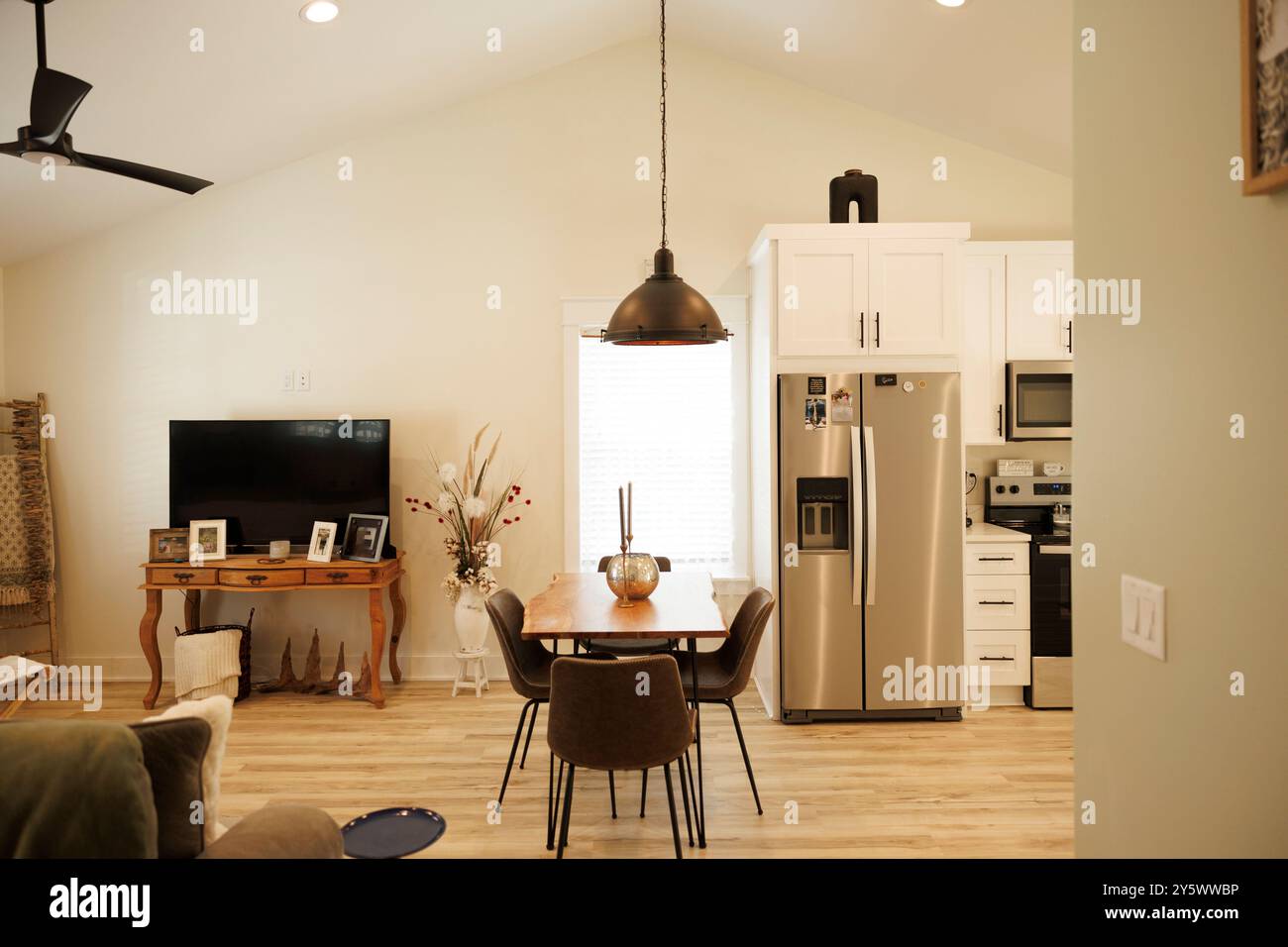 Salon moderne confortable avec coin repas, présentant un mobilier élégant, un ventilateur de plafond, un éclairage suspendu et une télévision à écran plat, Floride, États-Unis Banque D'Images