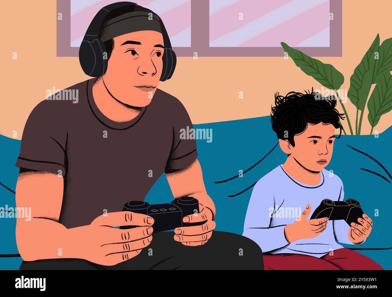 Deux personnes jouant à des jeux vidéo avec des expressions ciblées dans un cadre de pièce confortable. Banque D'Images