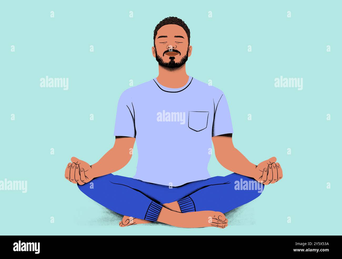 Homme méditant dans une position de lotus avec une expression sereine sur un fond pastel. Banque D'Images