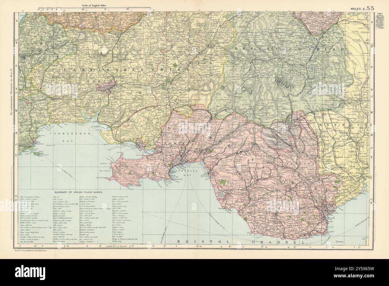 PAYS DE GALLES DU SUD. Divisions parlementaires. Gallois nom de lieu Glossaire. Carte BACON 1895 Banque D'Images