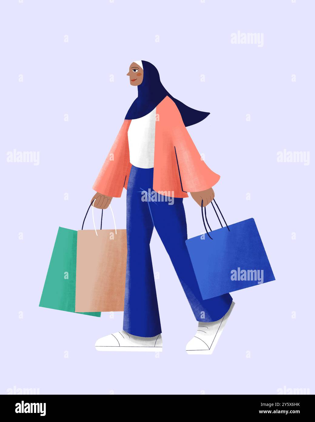 Femme élégante dans un hijab portant des sacs à provisions sur un fond simple Banque D'Images