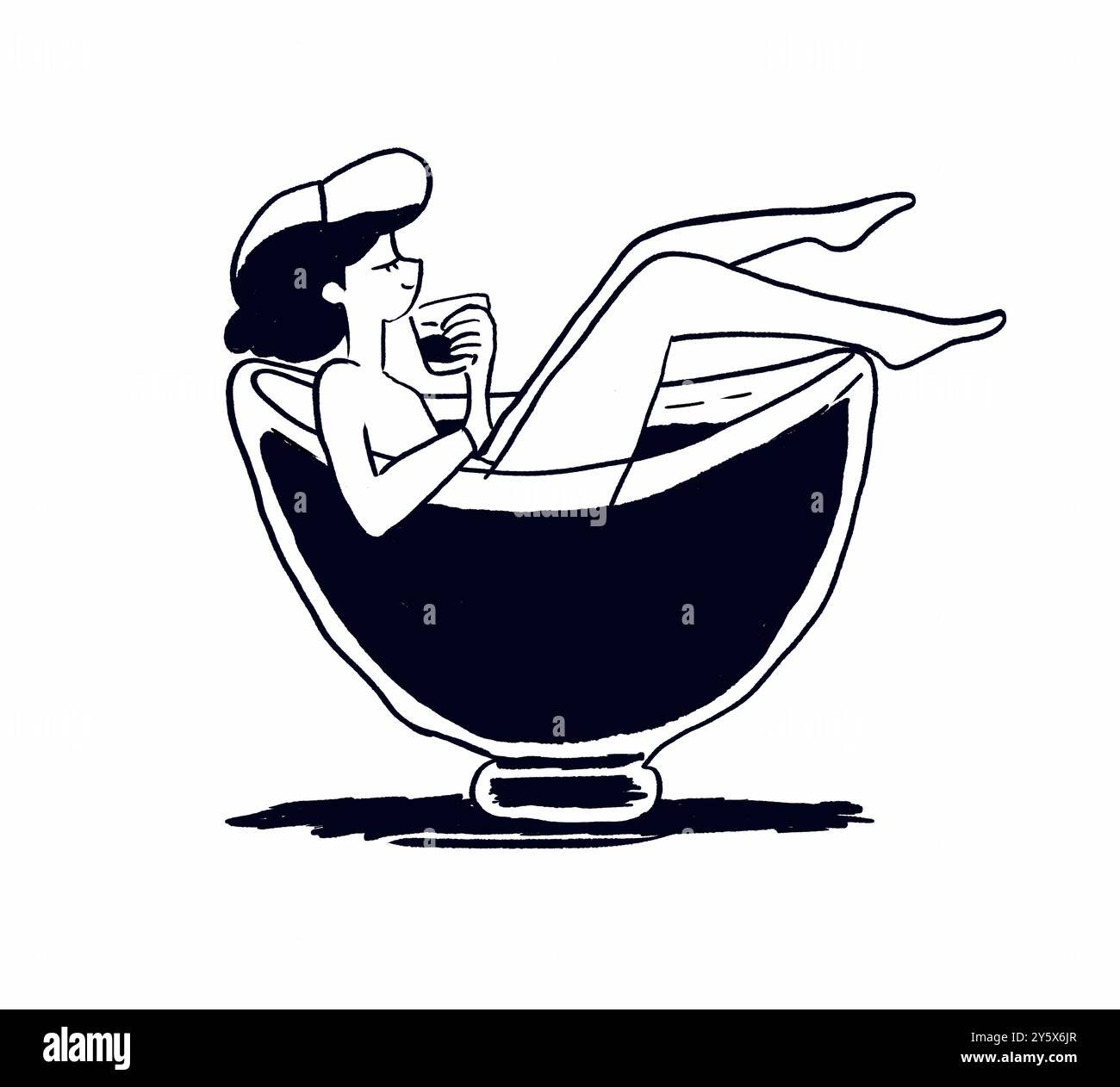 Femme allongée dans une chaise moderne avec un ordinateur portable et une tasse de café dans une illustration de style minimaliste. Banque D'Images
