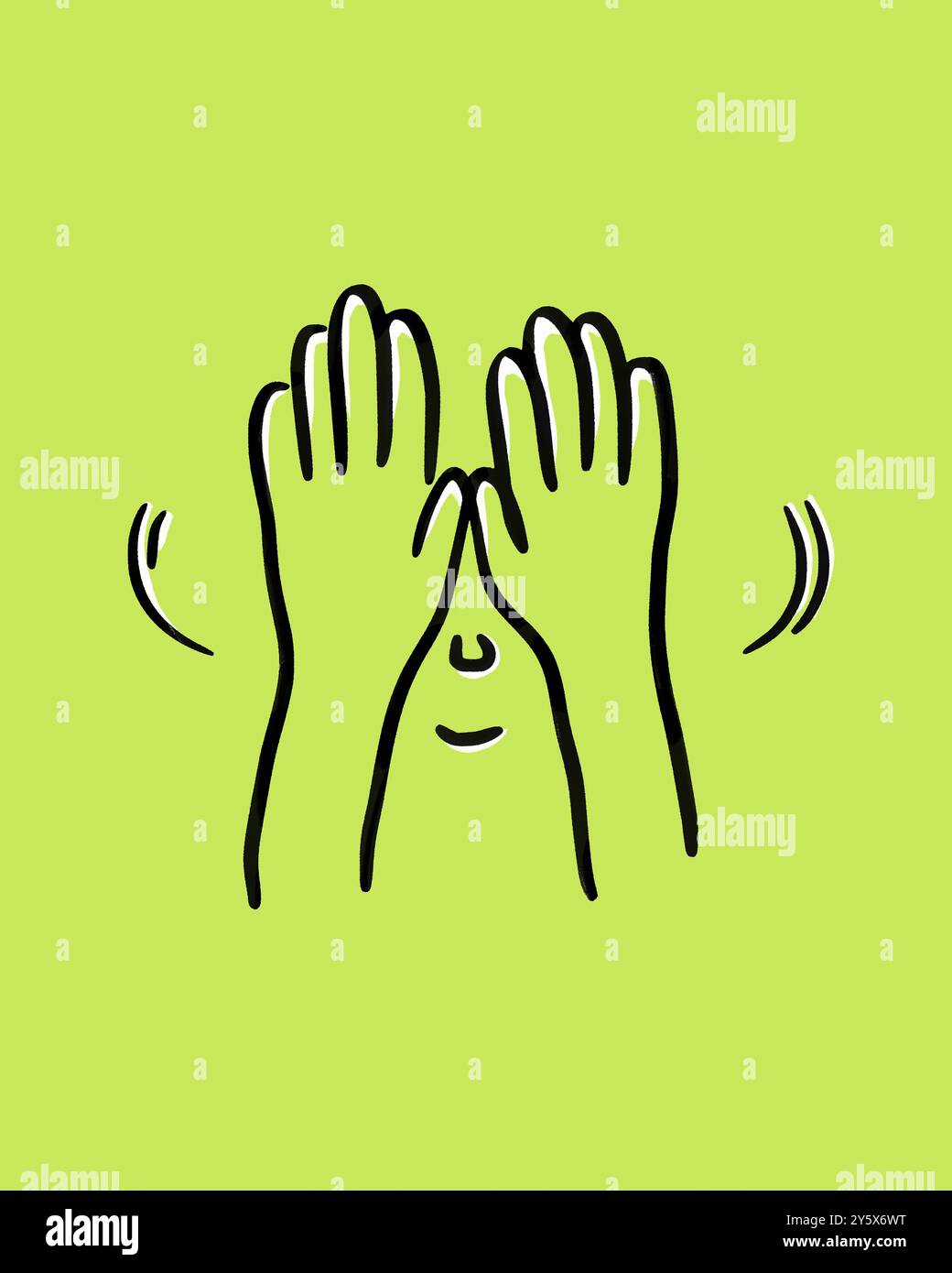 Illustration dessinée à la main d'un visage caché derrière les mains avec une expression ludique d'aperçu-a-boo sur un fond vert. Banque D'Images