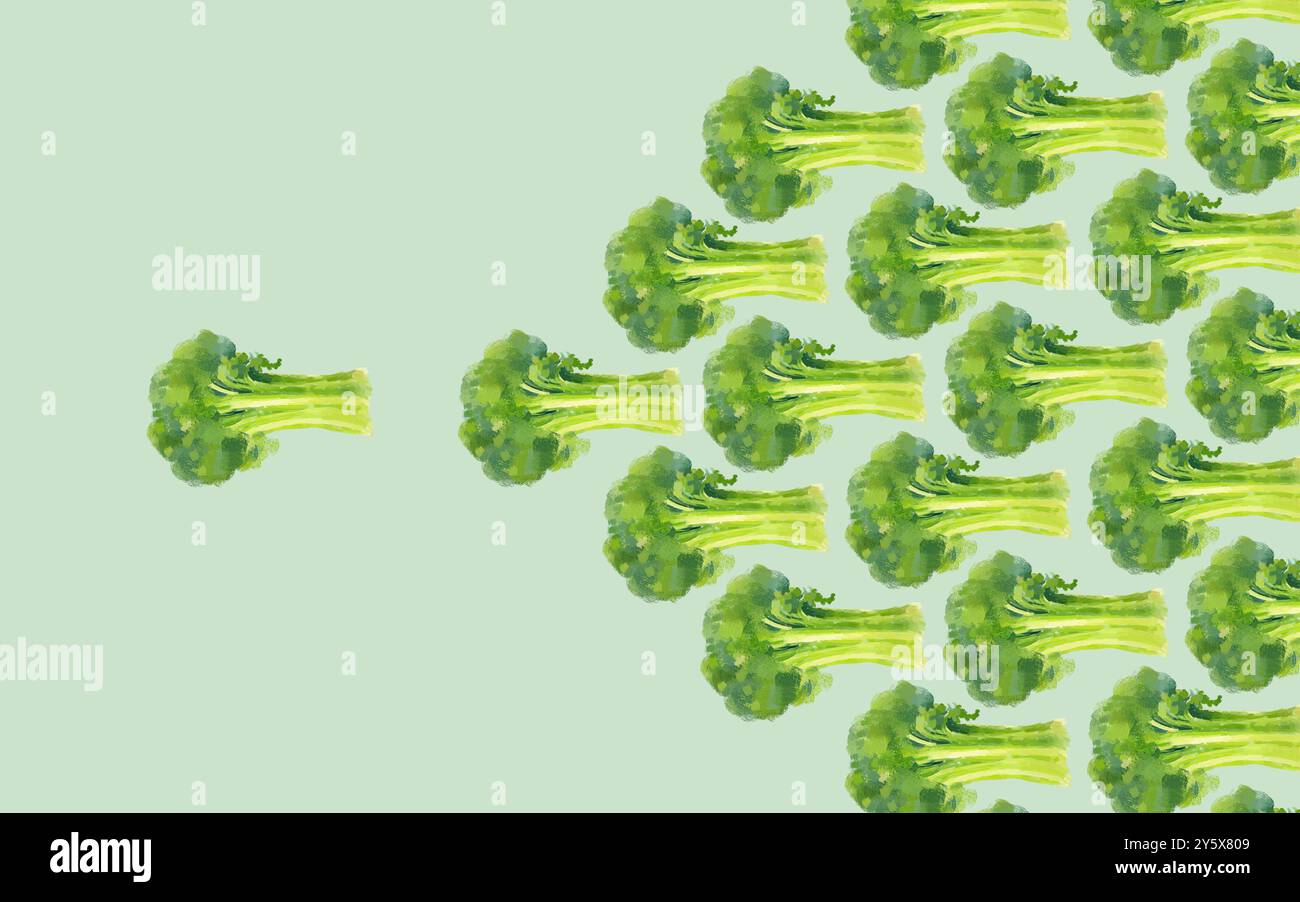 Plusieurs têtes de brocoli disposées selon un motif sur un fond vert pastel. Banque D'Images