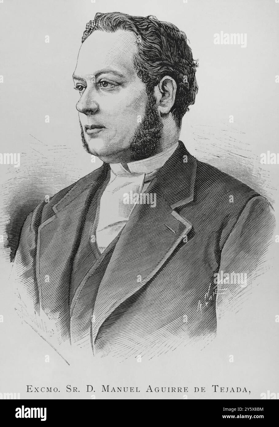 Manuel Aguirre de Tejada (Manuel Aguirre de Tejada y O'Neale) (1827-1911) Avocat espagnol, jurisconsulte et homme politique. Ministre d'outre-mer (1884-1885) sous le règne d'Alphonse XII Ministre de la Justice et de la grâce (1895-1897) sous la régence de Marie-Christine d'Autriche. Portrait. Dessin de Badillo. Gravure par Arturo Carretero. La Ilustración Española y Americana (illustration espagnole et américaine), 8 février 1884. Banque D'Images