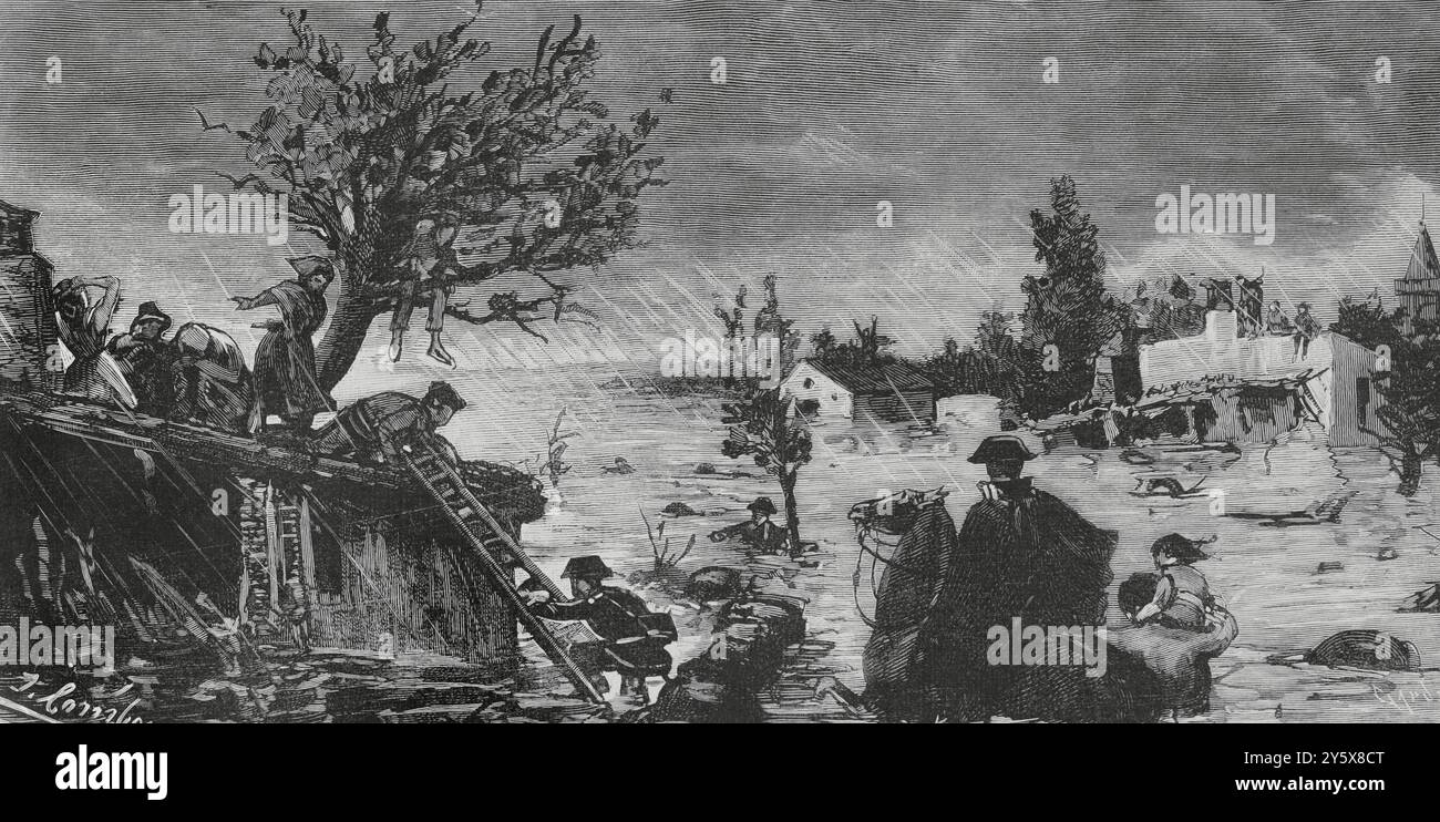 Histoire de l'Espagne. Inondations à Lorca (Murcie). Des membres de la Guardia civil (Garde civile), sous le commandement du lieutenant Manuel Ros, ont aidé les personnes qui s'étaient réfugiées sur les décombres de maisons détruites dans le quartier de Santa Quiteria, dans l'après-midi du 22 mai 1884. Gravure par Capuz. La Ilustración Española y Americana (illustration espagnole et américaine), 30 mai 1884 Banque D'Images