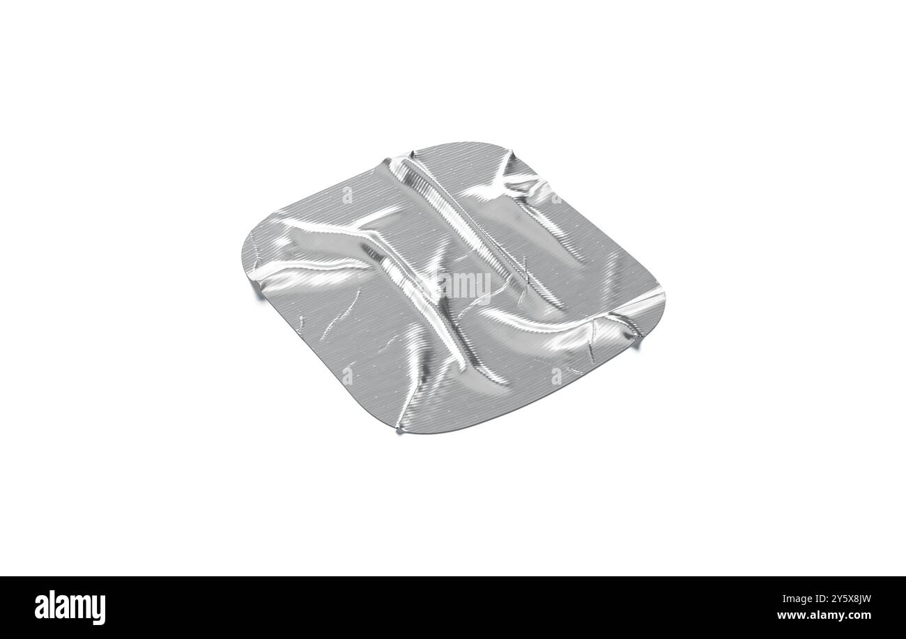 Maquette de ruban adhésif carré argenté froissé vierge, vue latérale Banque D'Images